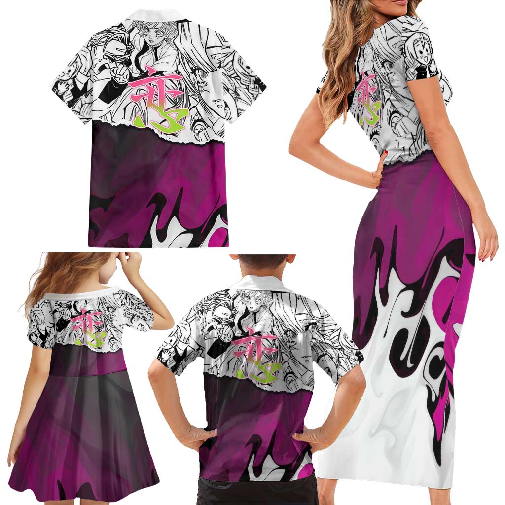 Mitsuri Kanroji Demon Slayer Manga Collage Family Matching Short Sleeve Bodycon Dress and Hawaiian Shirt with Pink and Purple Love Hashira Aesthetic