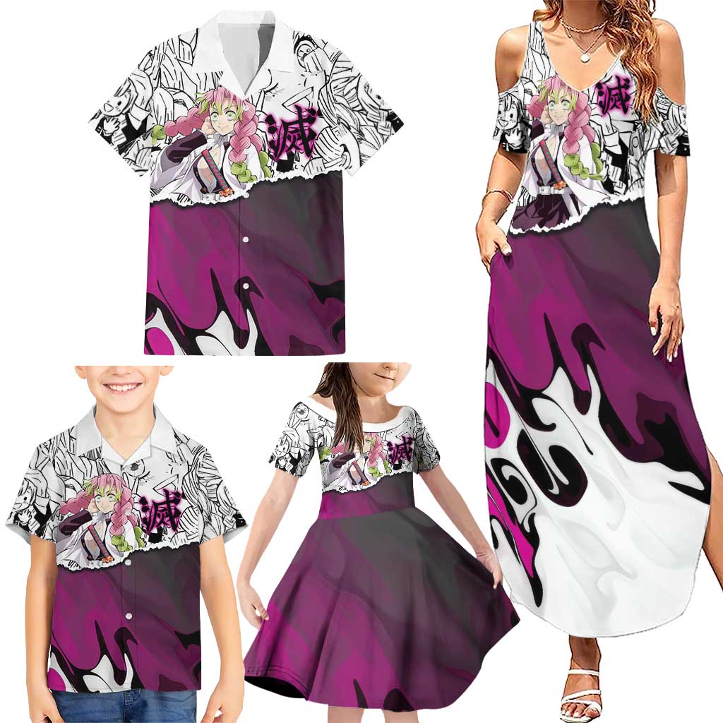 Mitsuri Kanroji Demon Slayer Manga Collage Family Matching Summer Maxi Dress and Hawaiian Shirt with Pink and Purple Love Hashira Aesthetic