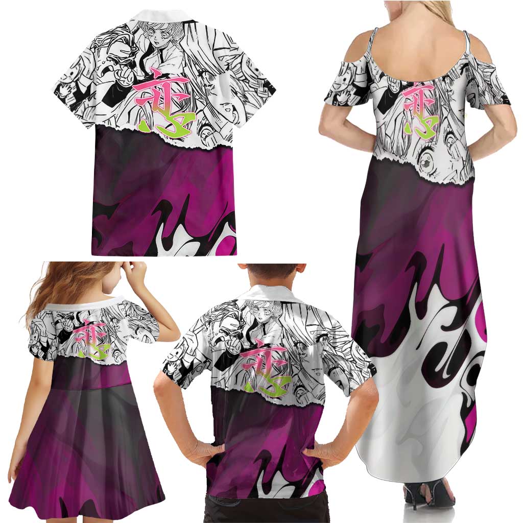 Mitsuri Kanroji Demon Slayer Manga Collage Family Matching Summer Maxi Dress and Hawaiian Shirt with Pink and Purple Love Hashira Aesthetic