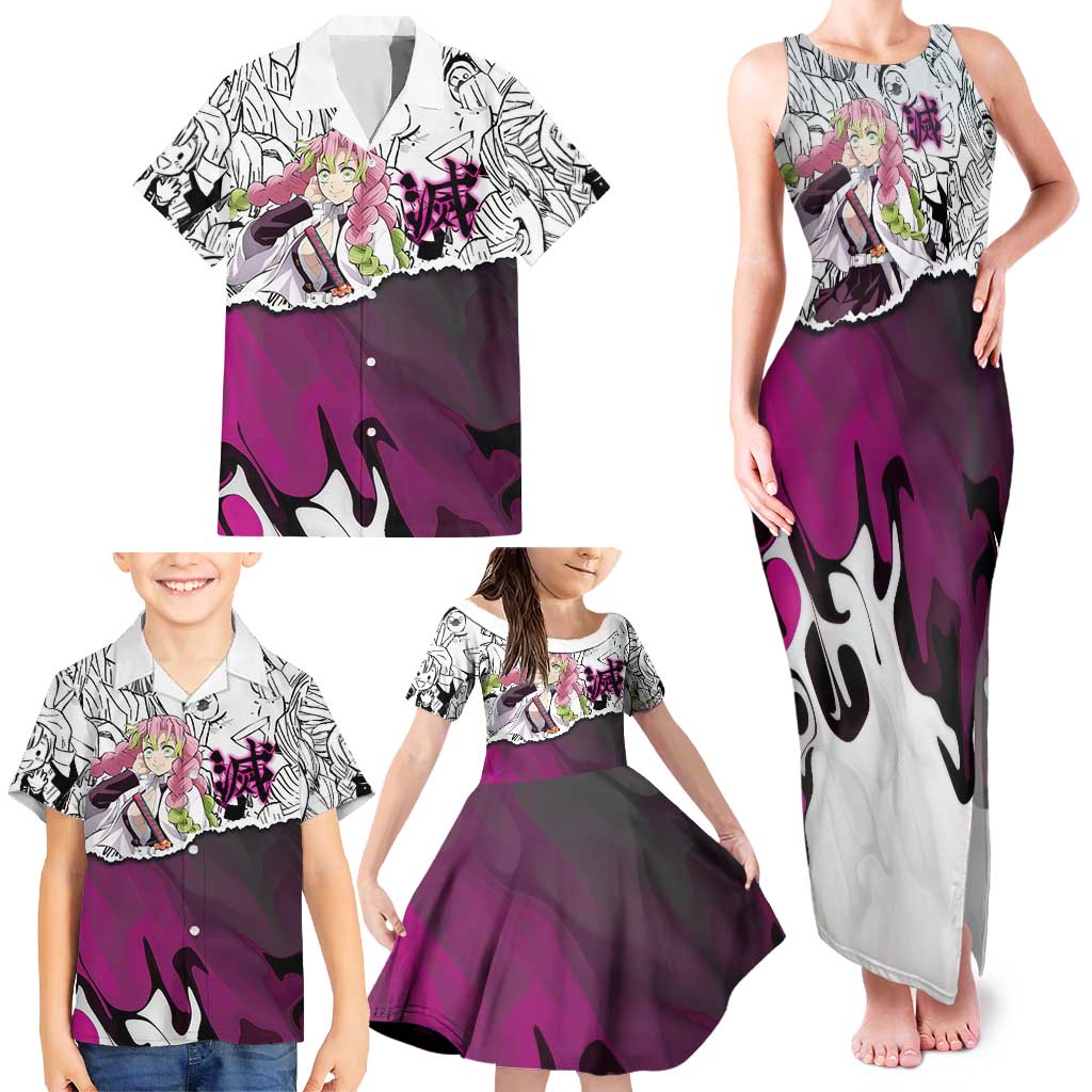 Mitsuri Kanroji Demon Slayer Manga Collage Family Matching Tank Maxi Dress and Hawaiian Shirt with Pink and Purple Love Hashira Aesthetic