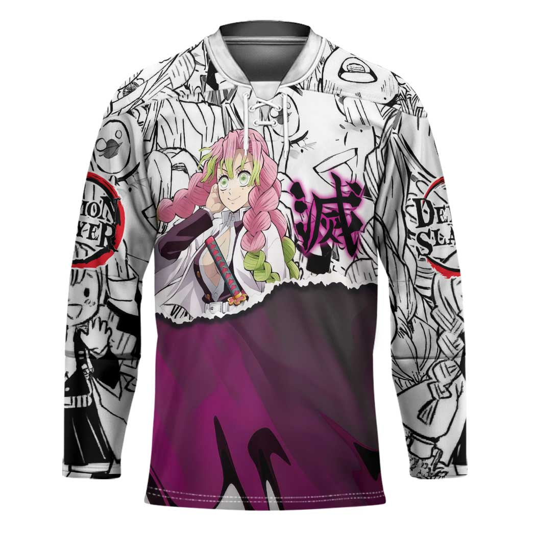 Mitsuri Kanroji Demon Slayer Manga Collage Hockey Jersey with Pink and Purple Love Hashira Aesthetic - The Mazicc