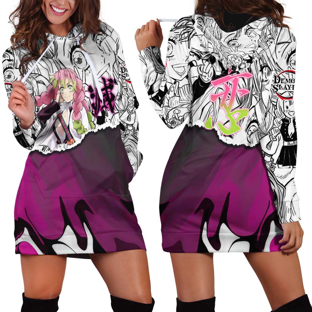 Mitsuri Kanroji Demon Slayer Manga Collage Hoodie Dress with Pink and Purple Love Hashira Aesthetic - The Mazicc