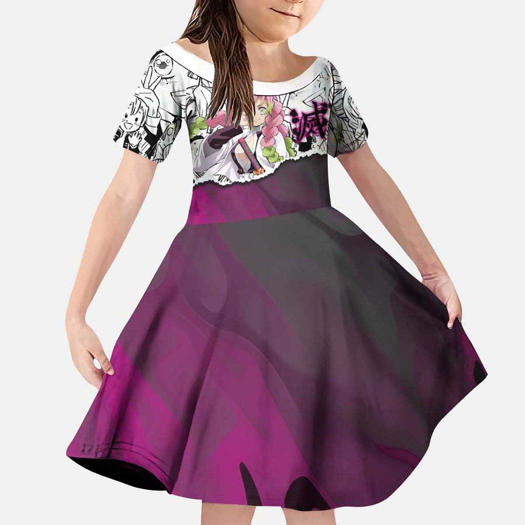Mitsuri Kanroji Demon Slayer Manga Collage Kid Short Sleeve Dress with Pink and Purple Love Hashira Aesthetic - The Mazicc