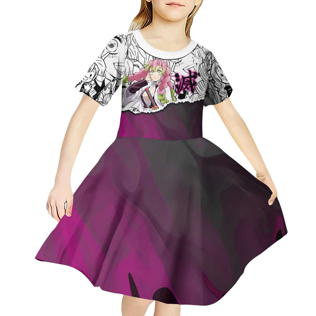 Mitsuri Kanroji Demon Slayer Manga Collage Kid Short Sleeve Dress with Pink and Purple Love Hashira Aesthetic - The Mazicc