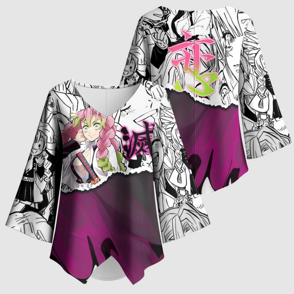 Mitsuri Kanroji Demon Slayer Manga Collage Kimono Sleeve Blouse with Pink and Purple Love Hashira Aesthetic - The Mazicc