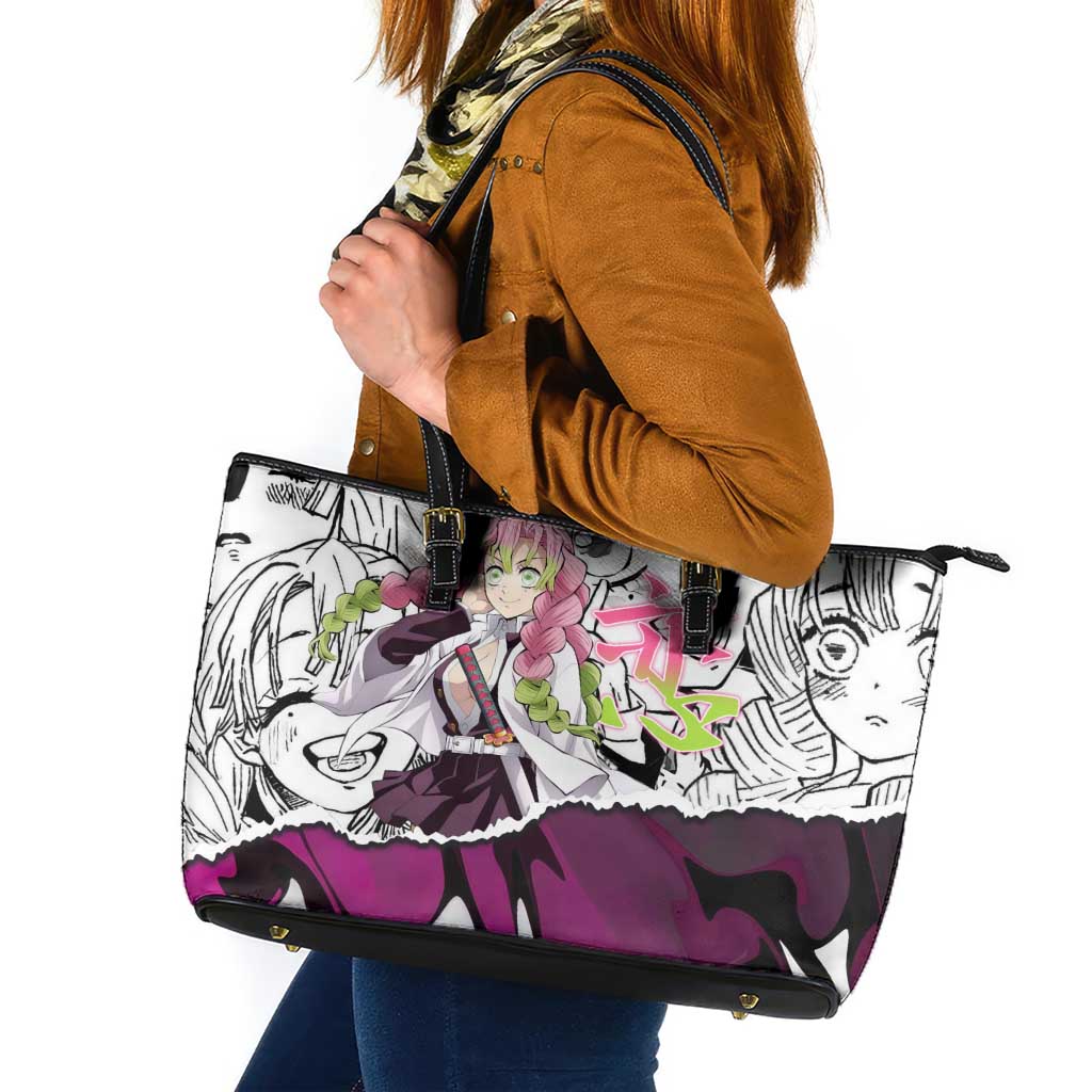 Mitsuri Kanroji Demon Slayer Manga Collage Leather Tote Bag with Pink and Purple Love Hashira Aesthetic - The Mazicc