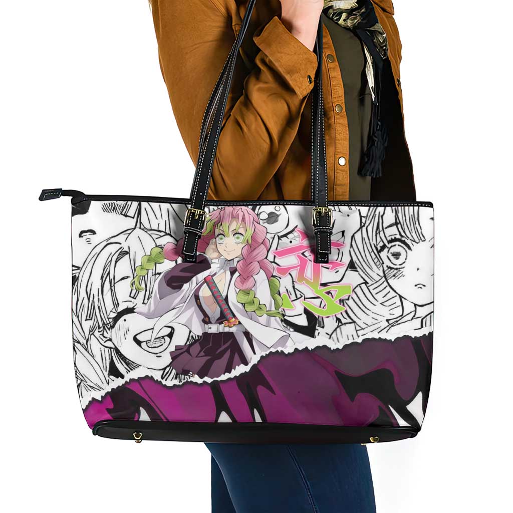 Mitsuri Kanroji Demon Slayer Manga Collage Leather Tote Bag with Pink and Purple Love Hashira Aesthetic - The Mazicc