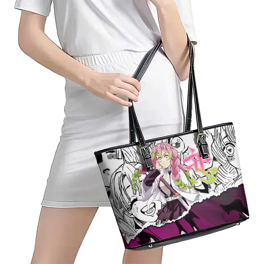 Mitsuri Kanroji Demon Slayer Manga Collage Leather Tote Bag with Pink and Purple Love Hashira Aesthetic - The Mazicc
