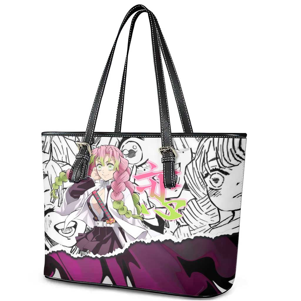 Mitsuri Kanroji Demon Slayer Manga Collage Leather Tote Bag with Pink and Purple Love Hashira Aesthetic - The Mazicc