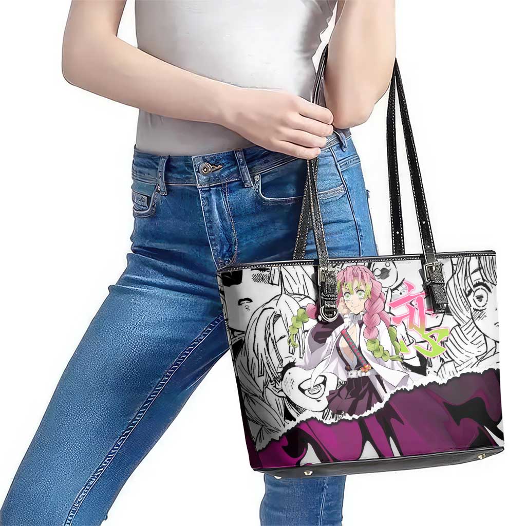 Mitsuri Kanroji Demon Slayer Manga Collage Leather Tote Bag with Pink and Purple Love Hashira Aesthetic - The Mazicc