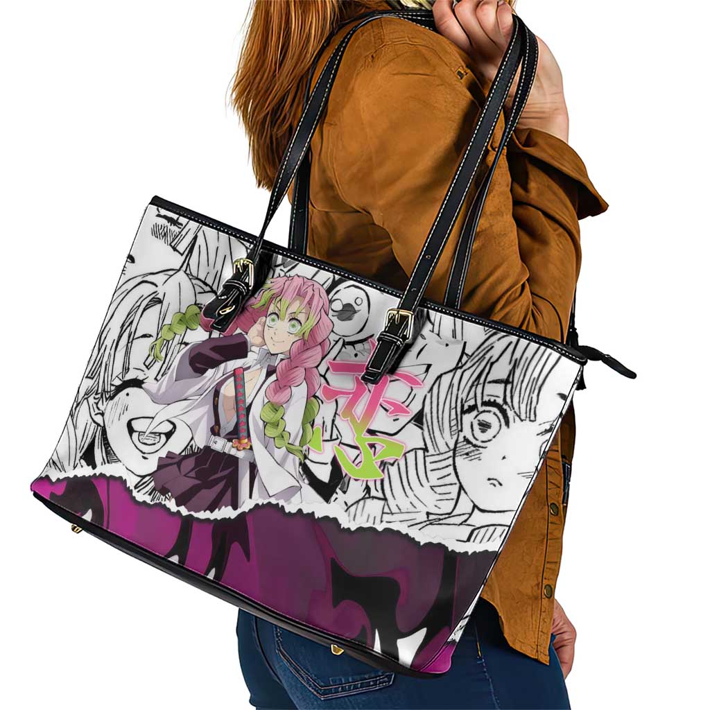 Mitsuri Kanroji Demon Slayer Manga Collage Leather Tote Bag with Pink and Purple Love Hashira Aesthetic - The Mazicc