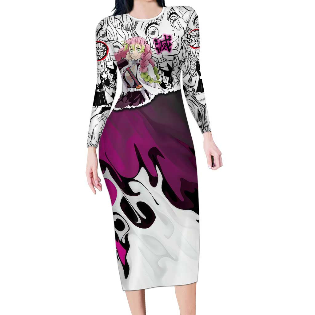 Mitsuri Kanroji Demon Slayer Manga Collage Long Sleeve Bodycon Dress with Pink and Purple Love Hashira Aesthetic - The Mazicc