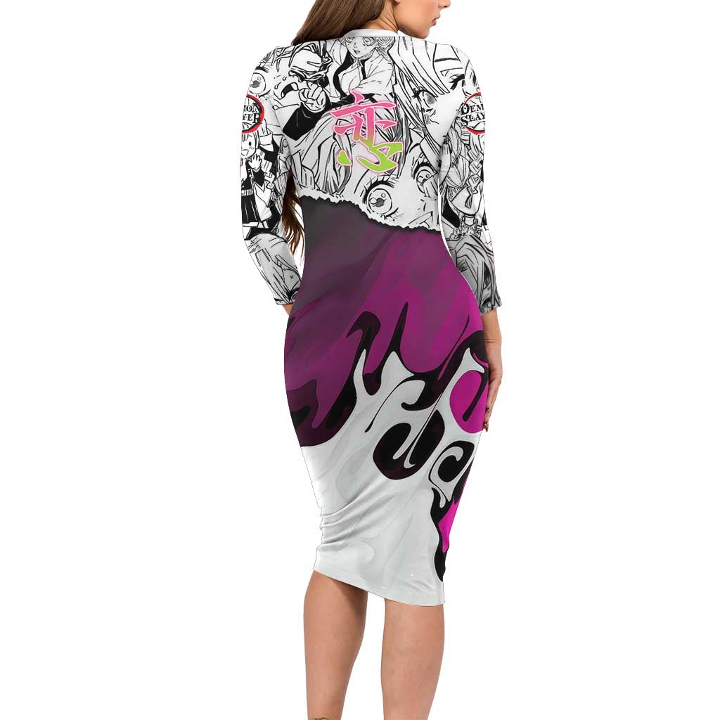 Mitsuri Kanroji Demon Slayer Manga Collage Long Sleeve Bodycon Dress with Pink and Purple Love Hashira Aesthetic - The Mazicc