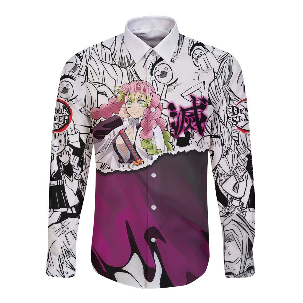 Mitsuri Kanroji Demon Slayer Manga Collage Long Sleeve Button Shirt with Pink and Purple Love Hashira Aesthetic - The Mazicc