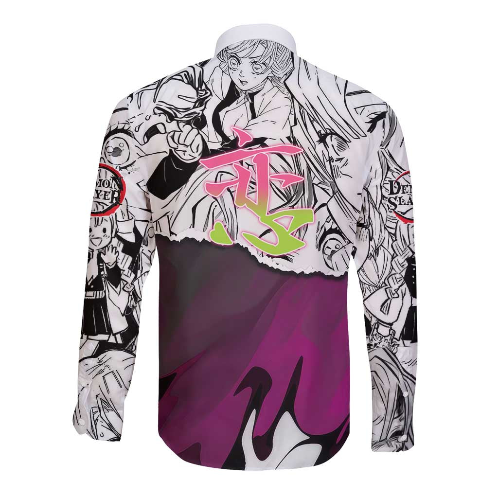 Mitsuri Kanroji Demon Slayer Manga Collage Long Sleeve Button Shirt with Pink and Purple Love Hashira Aesthetic - The Mazicc
