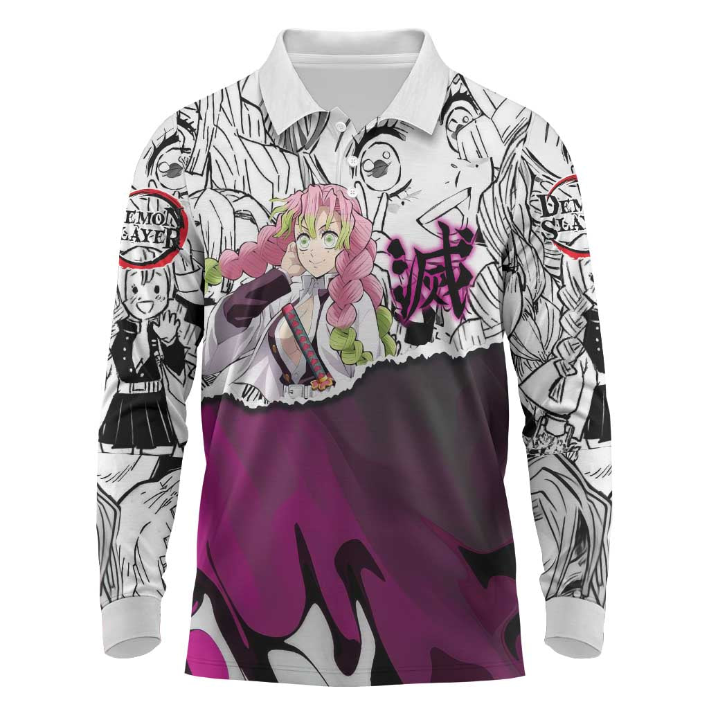 Mitsuri Kanroji Demon Slayer Manga Collage Long Sleeve Polo Shirt with Pink and Purple Love Hashira Aesthetic - The Mazicc