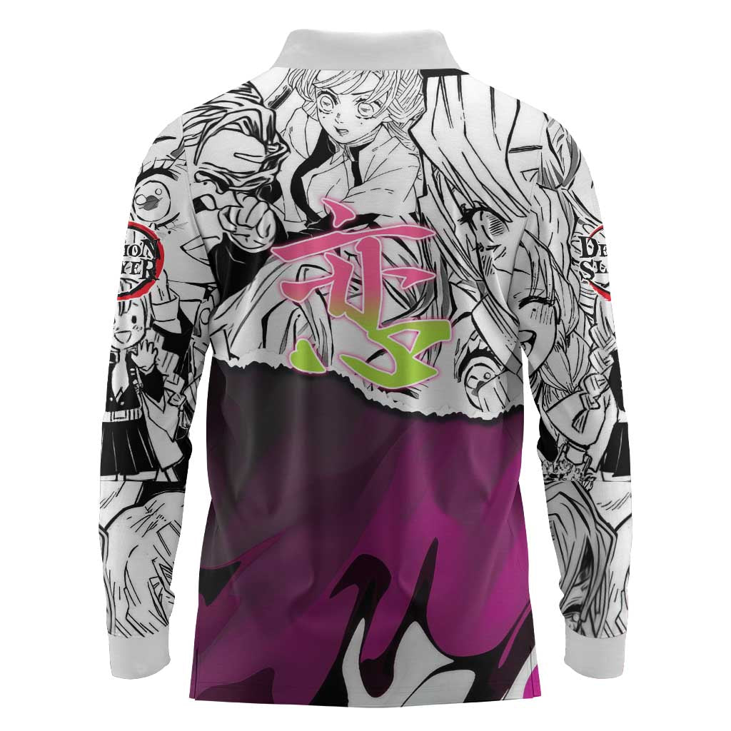 Mitsuri Kanroji Demon Slayer Manga Collage Long Sleeve Polo Shirt with Pink and Purple Love Hashira Aesthetic - The Mazicc
