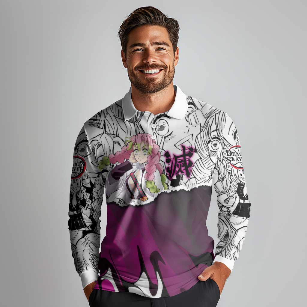 Mitsuri Kanroji Demon Slayer Manga Collage Long Sleeve Polo Shirt with Pink and Purple Love Hashira Aesthetic - The Mazicc