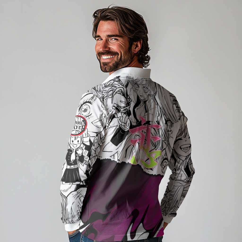 Mitsuri Kanroji Demon Slayer Manga Collage Long Sleeve Polo Shirt with Pink and Purple Love Hashira Aesthetic - The Mazicc