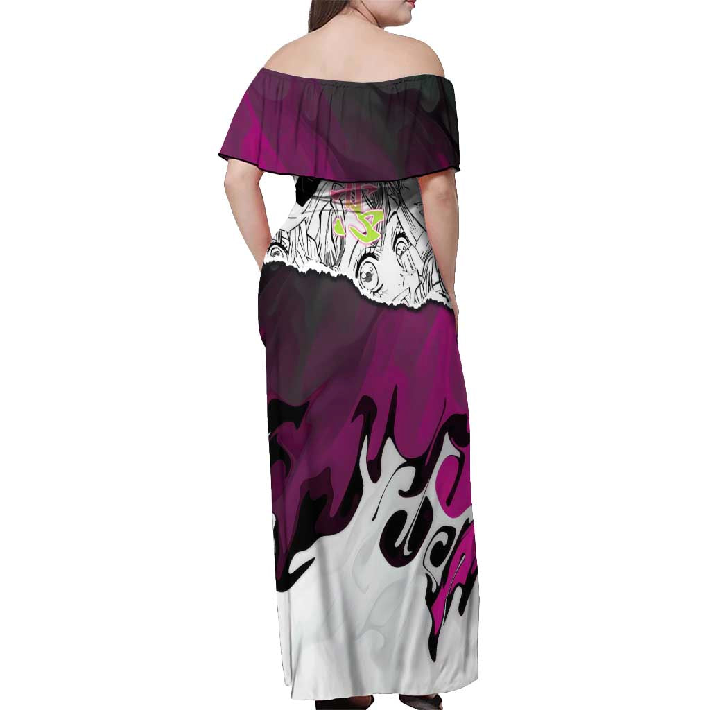 Mitsuri Kanroji Demon Slayer Manga Collage Off Shoulder Maxi Dress with Pink and Purple Love Hashira Aesthetic - The Mazicc