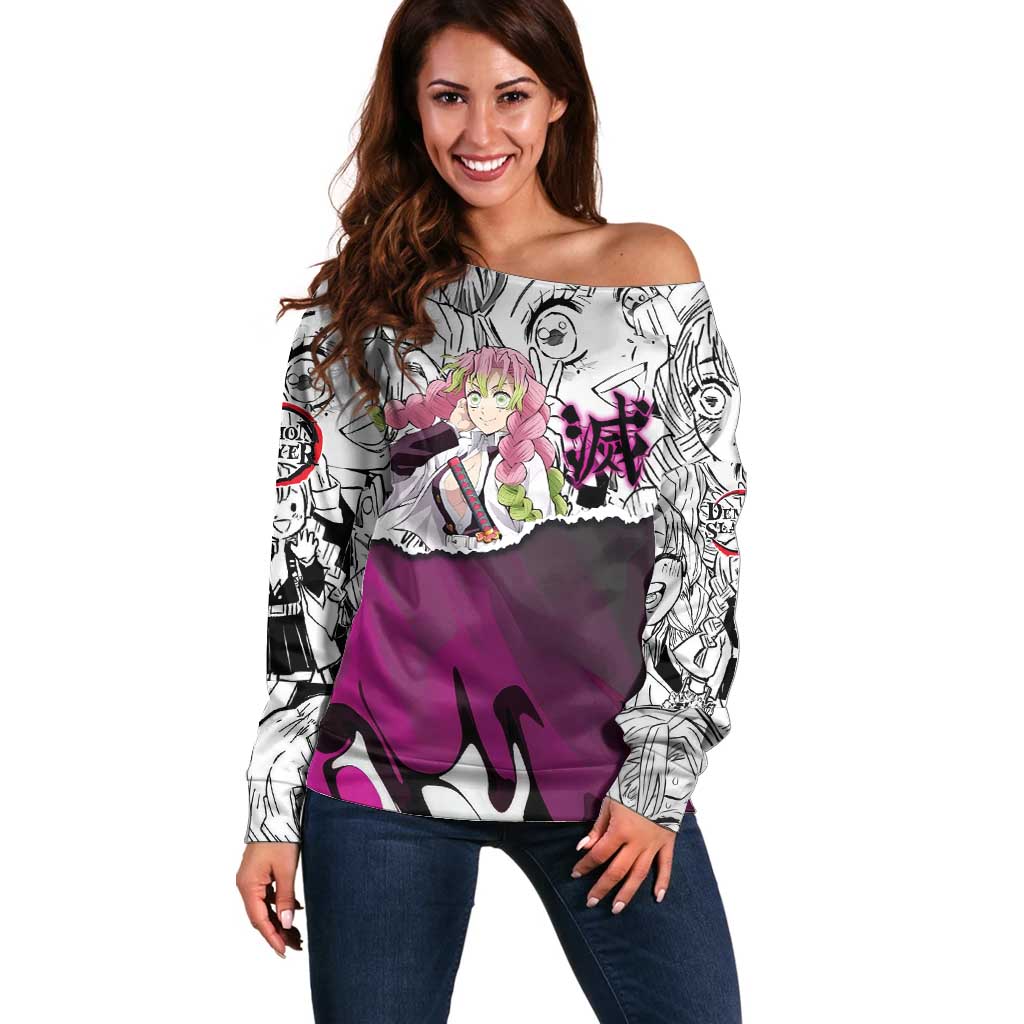Mitsuri Kanroji Demon Slayer Manga Collage Off Shoulder Sweater with Pink and Purple Love Hashira Aesthetic - The Mazicc