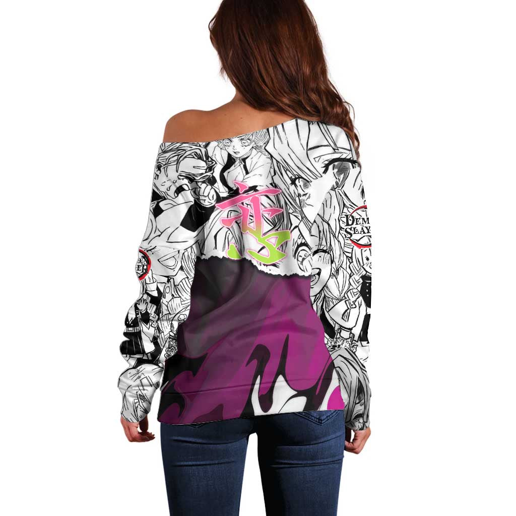 Mitsuri Kanroji Demon Slayer Manga Collage Off Shoulder Sweater with Pink and Purple Love Hashira Aesthetic - The Mazicc