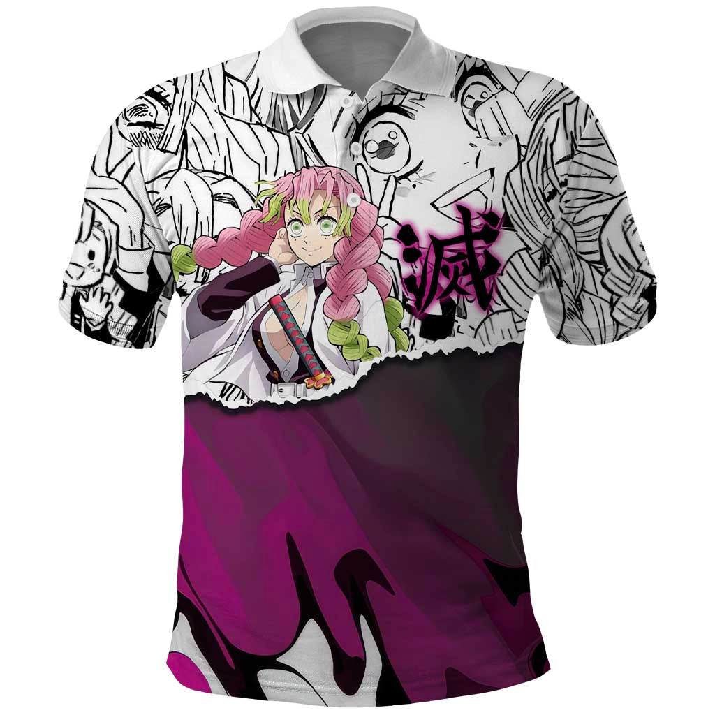 Mitsuri Kanroji Demon Slayer Manga Collage Polo Shirt with Pink and Purple Love Hashira Aesthetic - The Mazicc