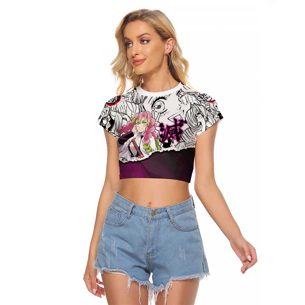 Mitsuri Kanroji Demon Slayer Manga Collage Raglan Cropped T Shirt with Pink and Purple Love Hashira Aesthetic - The Mazicc
