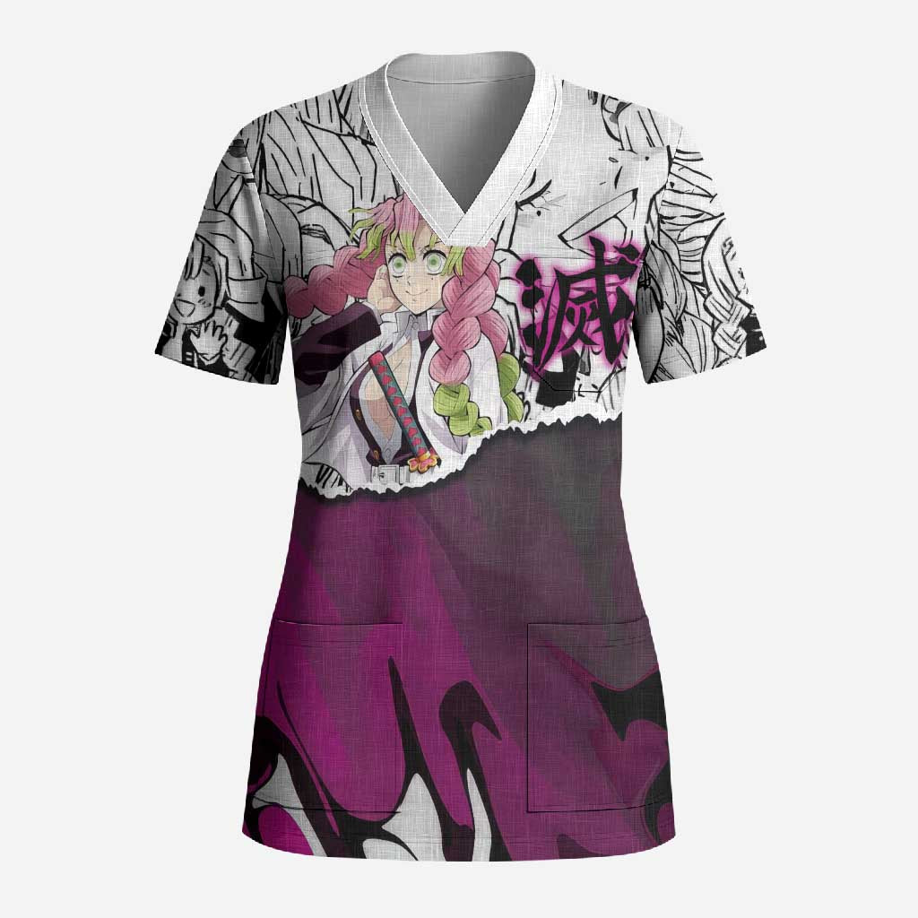 Mitsuri Kanroji Demon Slayer Manga Collage Scrub Top with Pink and Purple Love Hashira Aesthetic - The Mazicc