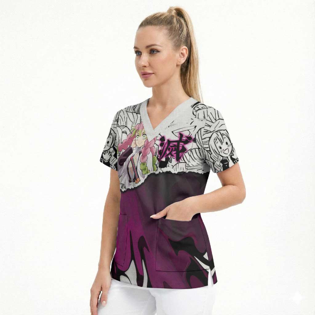 Mitsuri Kanroji Demon Slayer Manga Collage Scrub Top with Pink and Purple Love Hashira Aesthetic - The Mazicc