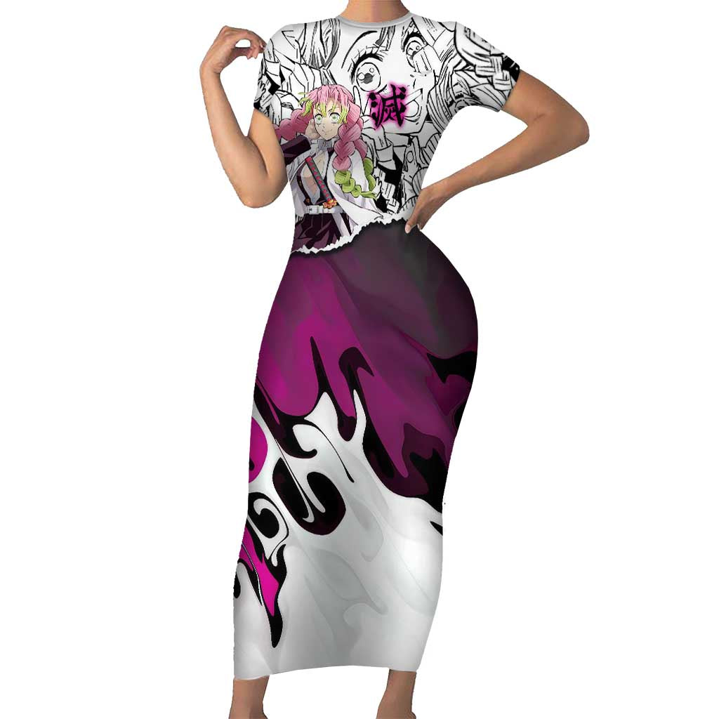 Mitsuri Kanroji Demon Slayer Manga Collage Short Sleeve Bodycon Dress with Pink and Purple Love Hashira Aesthetic - The Mazicc