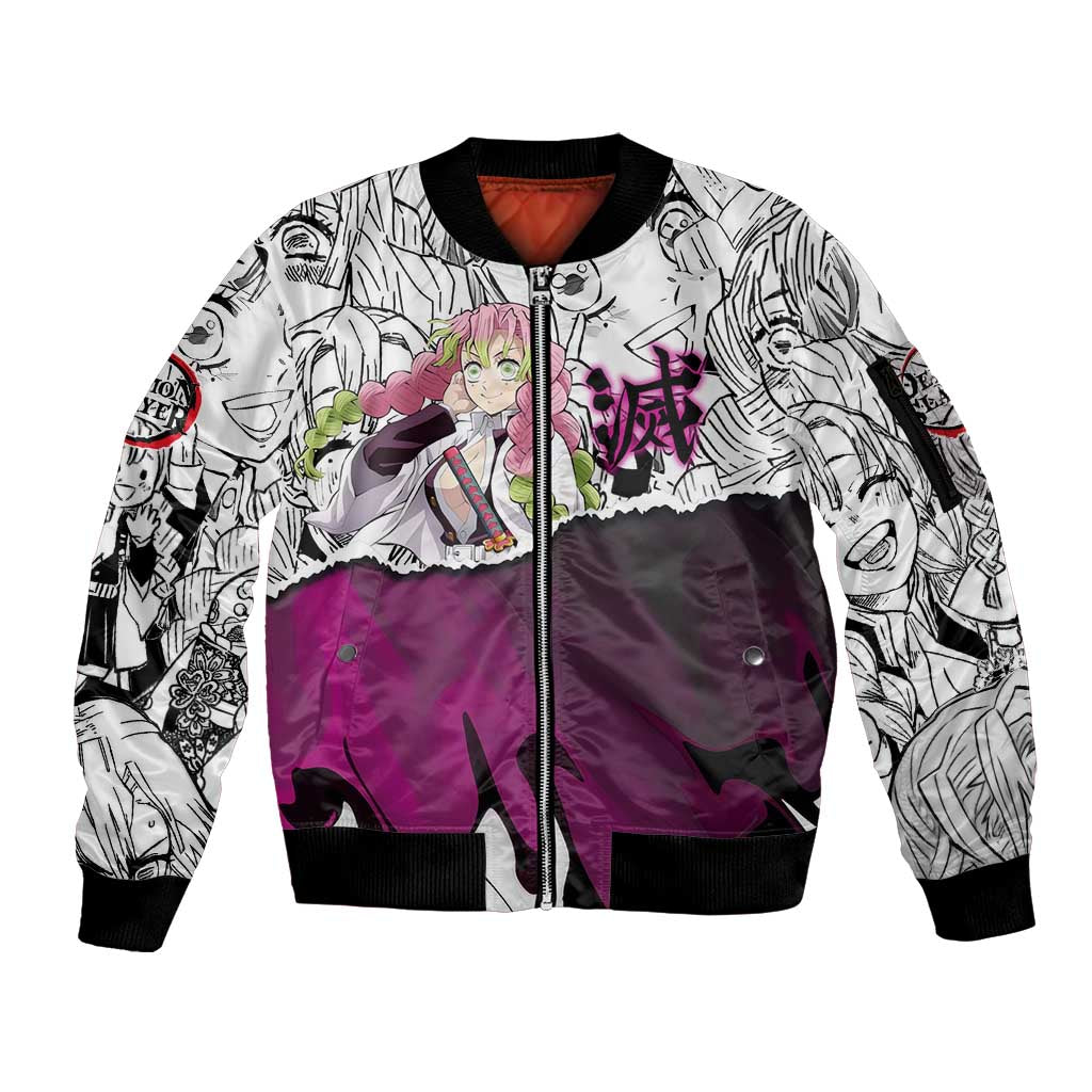 Mitsuri Kanroji Demon Slayer Manga Collage Sleeve Zip Bomber Jacket with Pink and Purple Love Hashira Aesthetic - The Mazicc