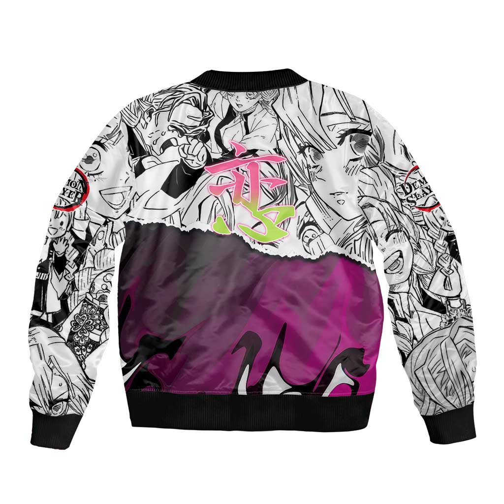 Mitsuri Kanroji Demon Slayer Manga Collage Sleeve Zip Bomber Jacket with Pink and Purple Love Hashira Aesthetic - The Mazicc