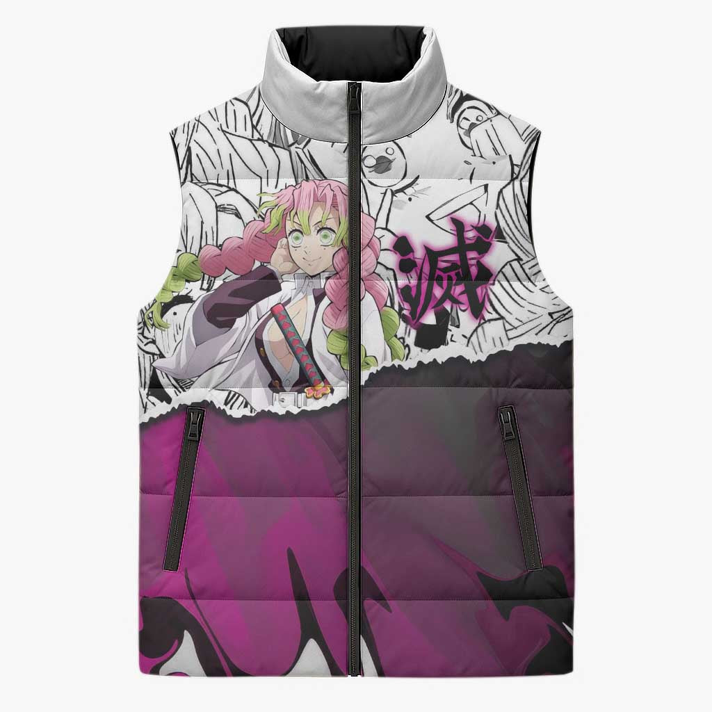 Mitsuri Kanroji Demon Slayer Manga Collage Sleeveless Puffer Jacket with Pink and Purple Love Hashira Aesthetic - The Mazicc