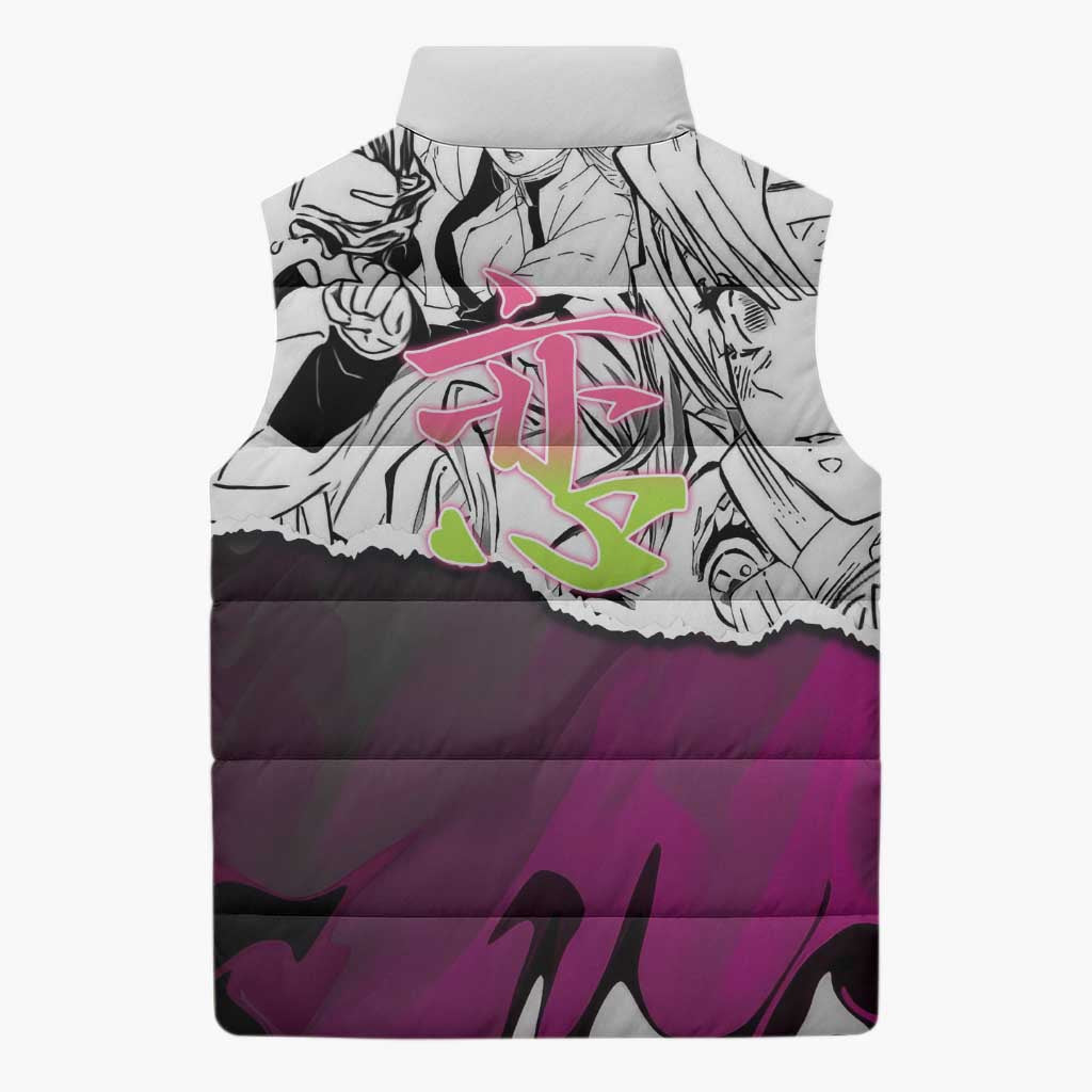 Mitsuri Kanroji Demon Slayer Manga Collage Sleeveless Puffer Jacket with Pink and Purple Love Hashira Aesthetic - The Mazicc