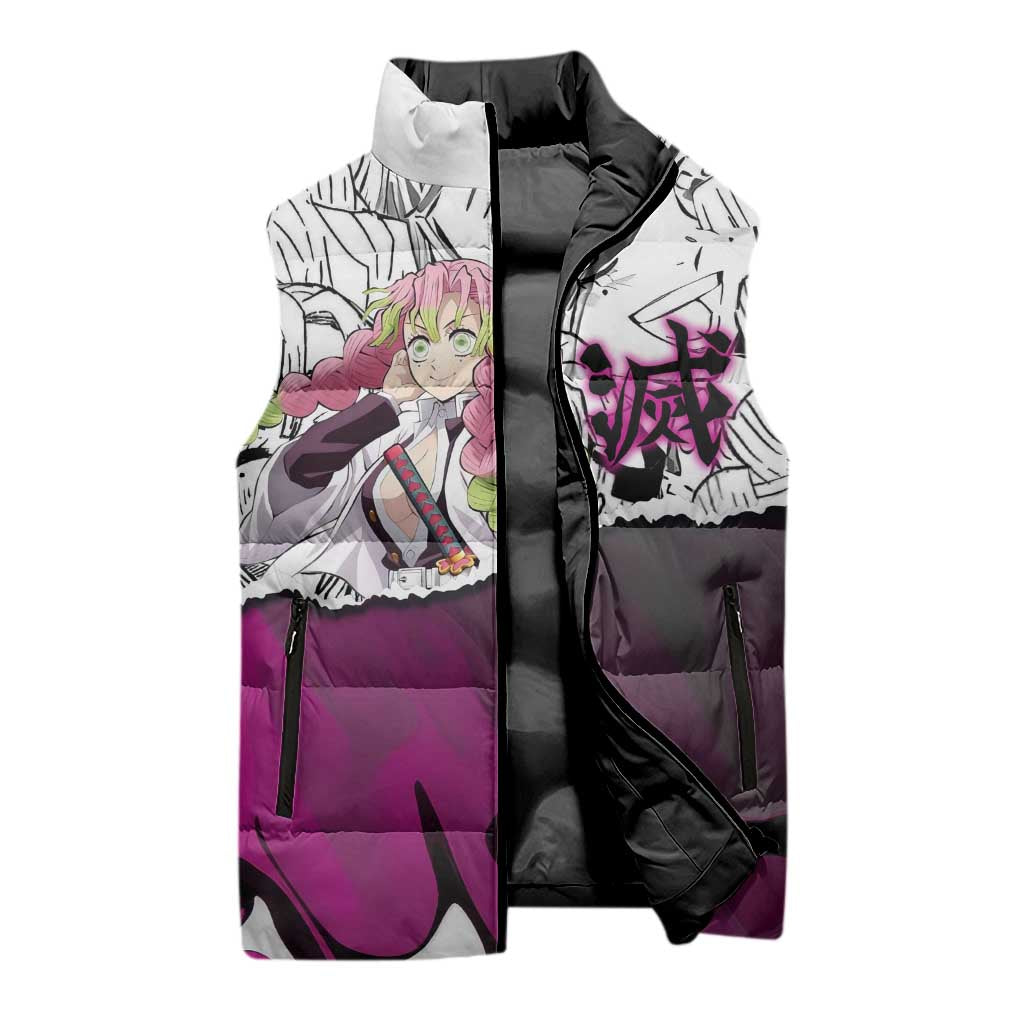 Mitsuri Kanroji Demon Slayer Manga Collage Sleeveless Puffer Jacket with Pink and Purple Love Hashira Aesthetic - The Mazicc