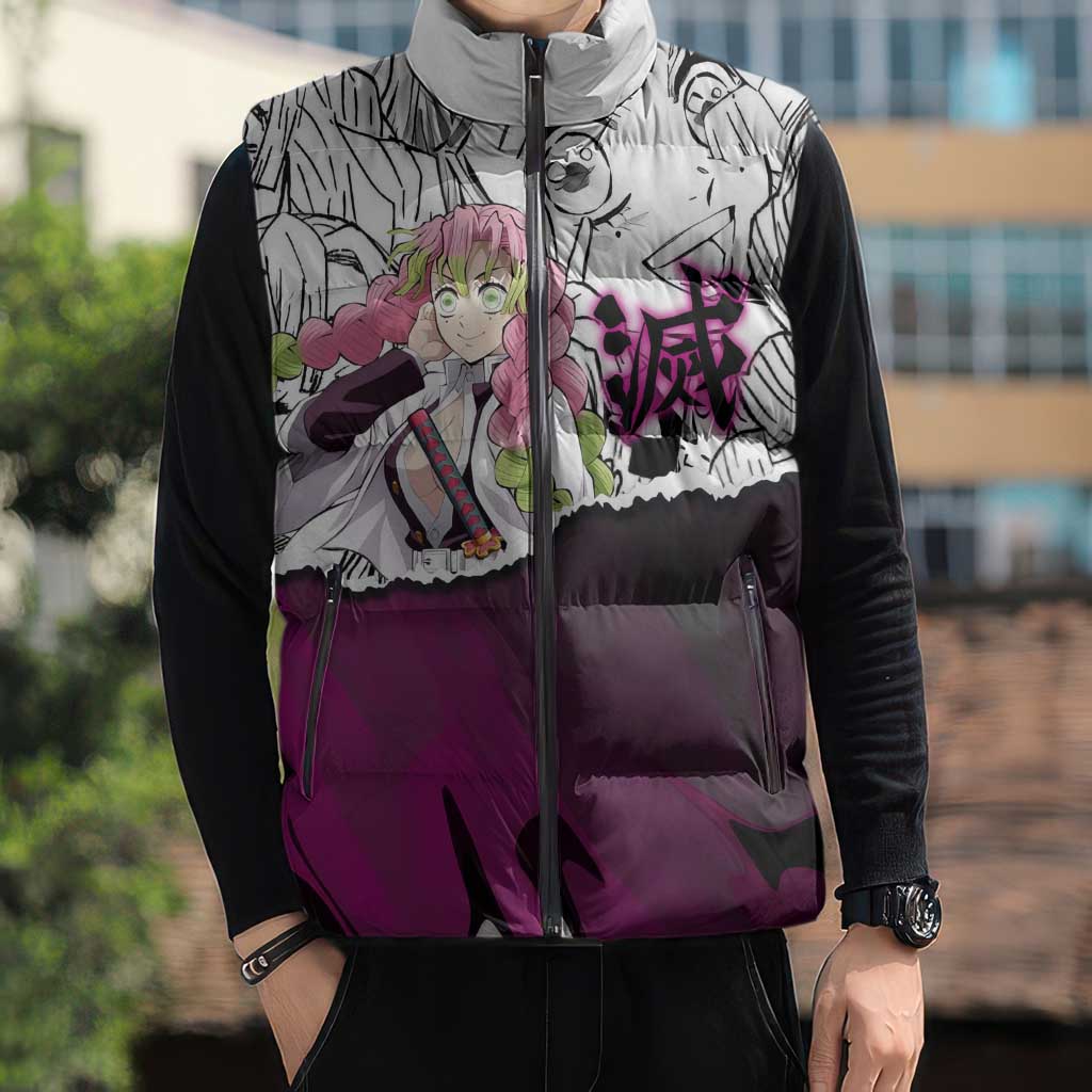 Mitsuri Kanroji Demon Slayer Manga Collage Sleeveless Puffer Jacket with Pink and Purple Love Hashira Aesthetic - The Mazicc