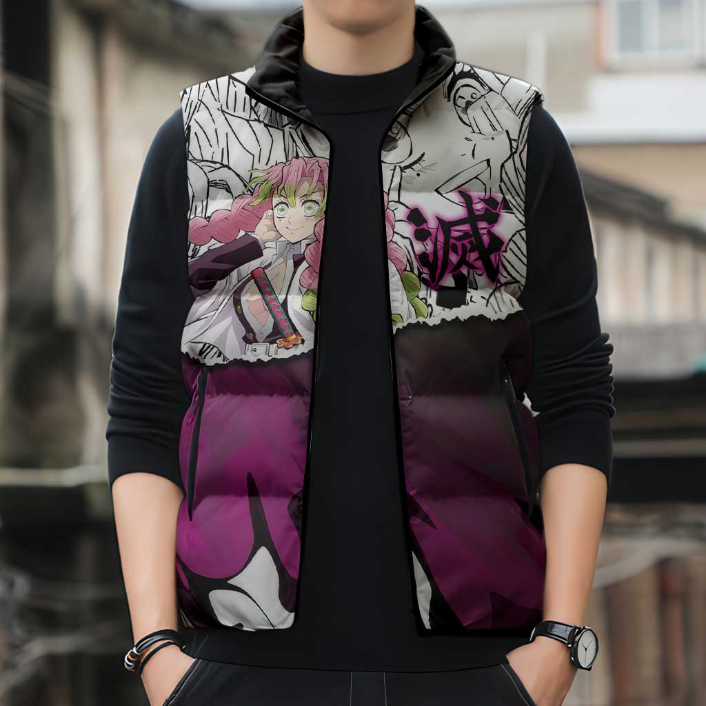 Mitsuri Kanroji Demon Slayer Manga Collage Sleeveless Puffer Jacket with Pink and Purple Love Hashira Aesthetic - The Mazicc