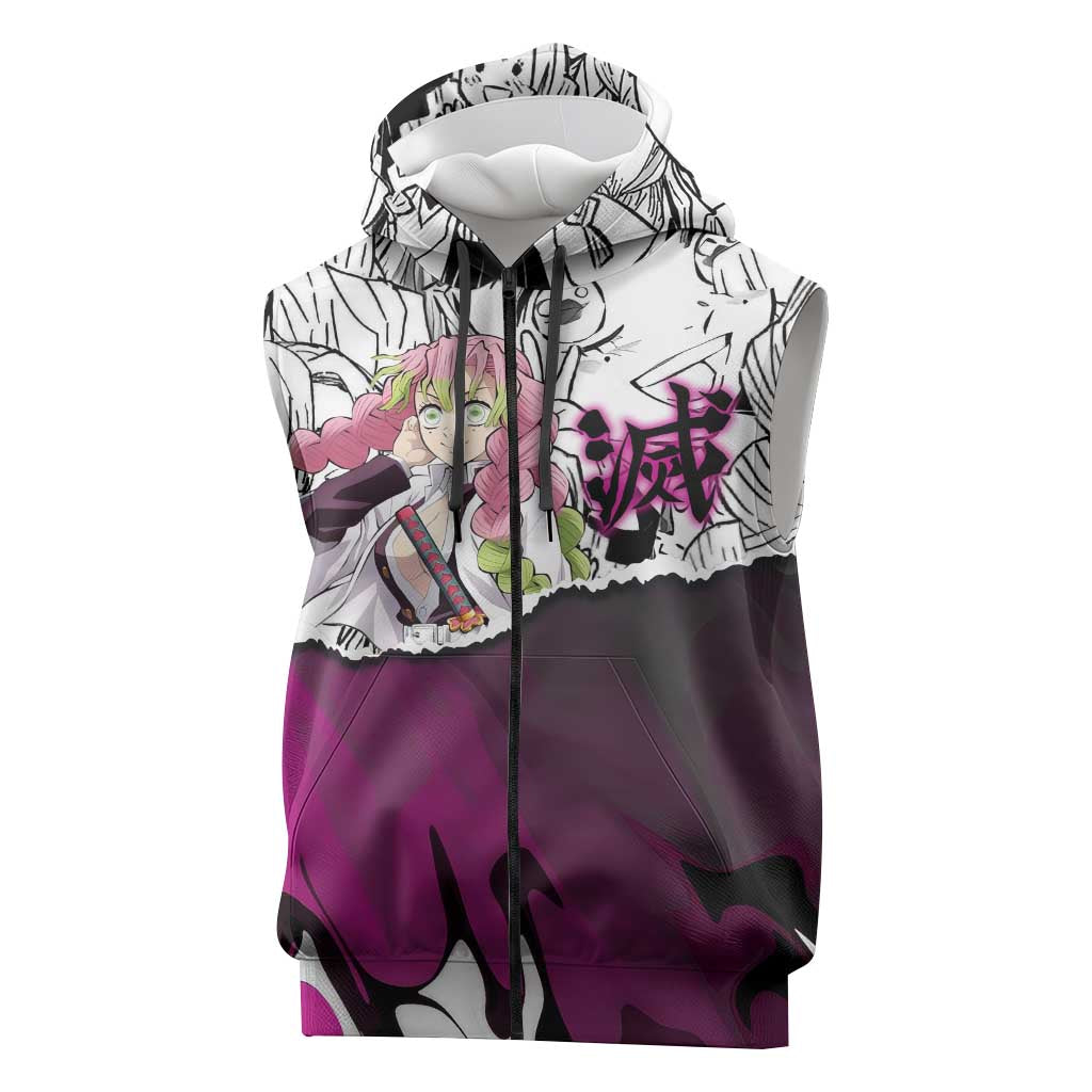 Mitsuri Kanroji Demon Slayer Manga Collage Sleeveless Zip Hoodie with Pink and Purple Love Hashira Aesthetic - The Mazicc