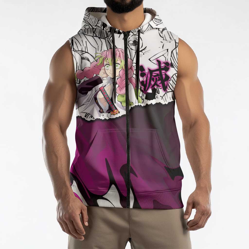 Mitsuri Kanroji Demon Slayer Manga Collage Sleeveless Zip Hoodie with Pink and Purple Love Hashira Aesthetic - The Mazicc