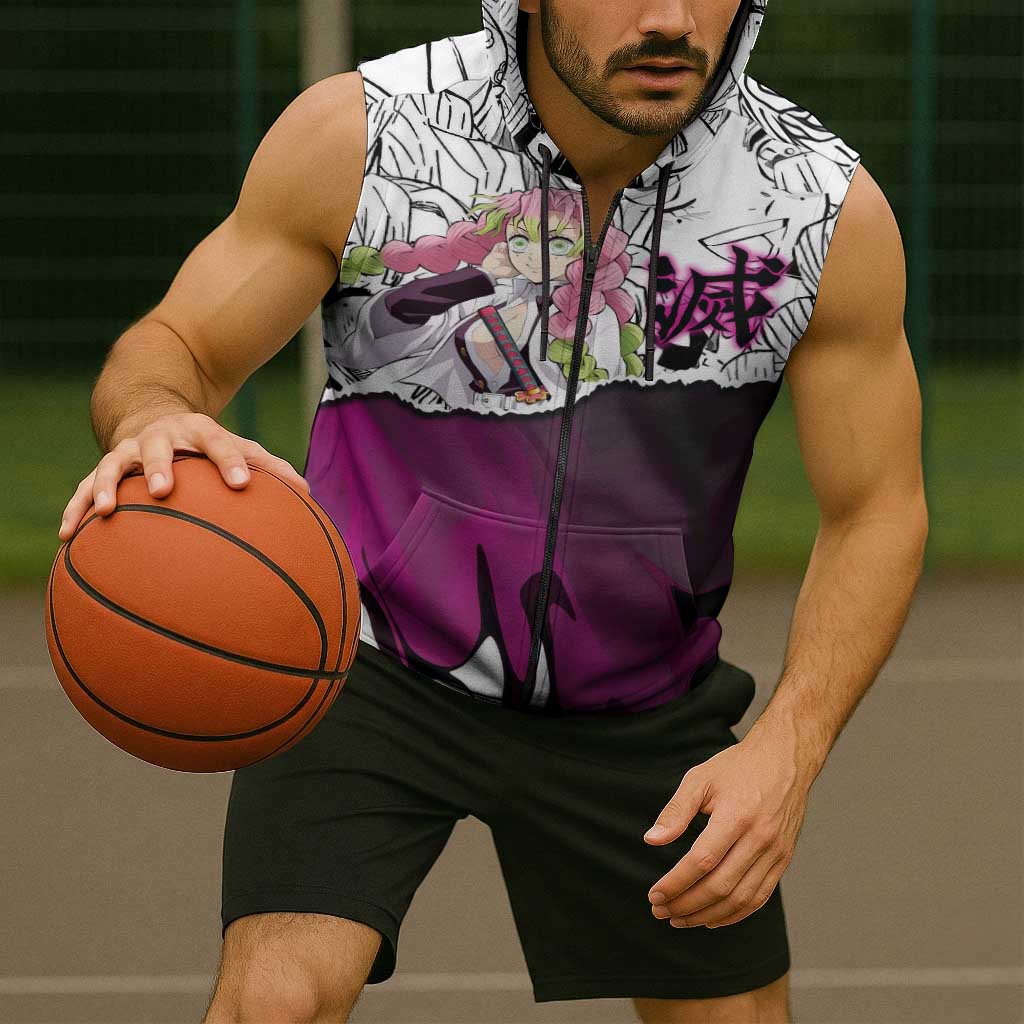 Mitsuri Kanroji Demon Slayer Manga Collage Sleeveless Zip Hoodie with Pink and Purple Love Hashira Aesthetic - The Mazicc