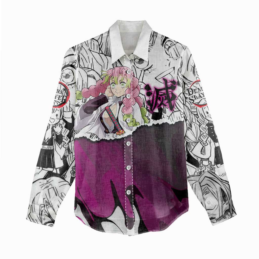 Mitsuri Kanroji Demon Slayer Manga Collage Women Casual Shirt with Pink and Purple Love Hashira Aesthetic - The Mazicc