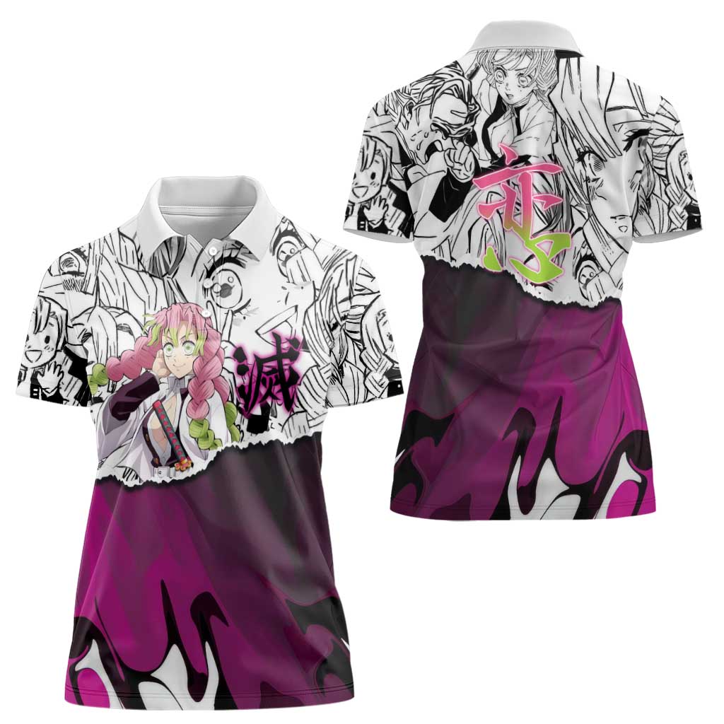 Mitsuri Kanroji Demon Slayer Manga Collage Women Polo Shirt with Pink and Purple Love Hashira Aesthetic - The Mazicc