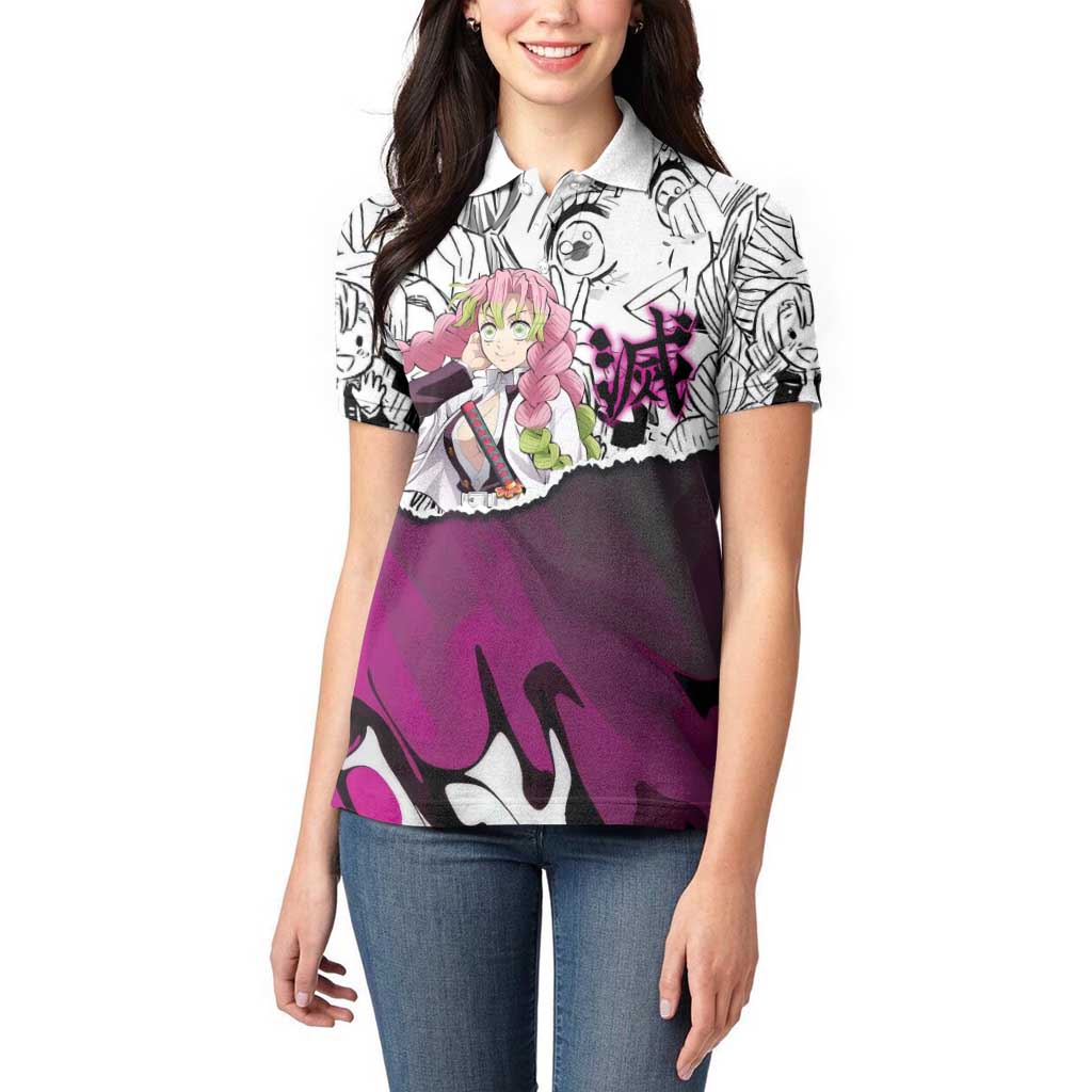 Mitsuri Kanroji Demon Slayer Manga Collage Women Polo Shirt with Pink and Purple Love Hashira Aesthetic - The Mazicc