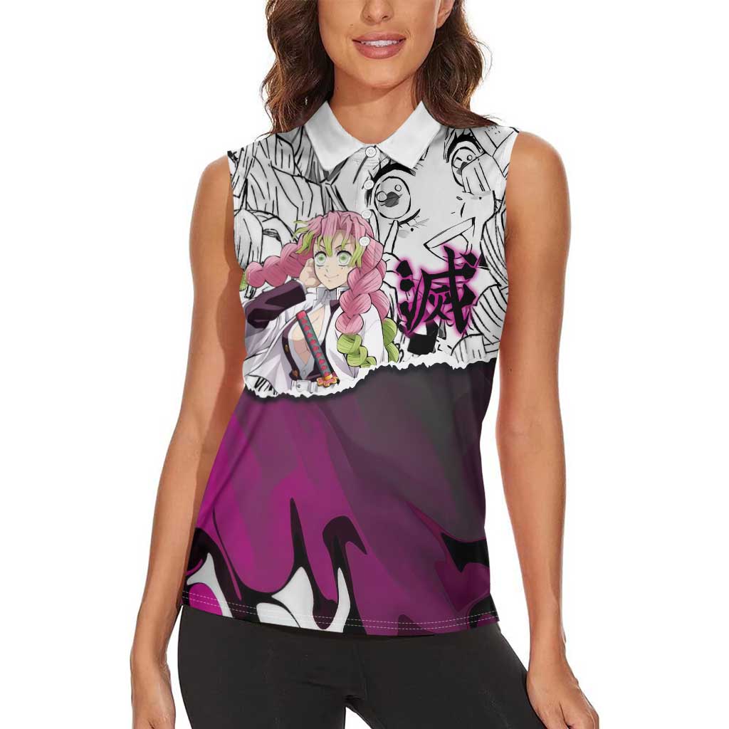 Mitsuri Kanroji Demon Slayer Manga Collage Women Sleeveless Polo Shirt with Pink and Purple Love Hashira Aesthetic - The Mazicc