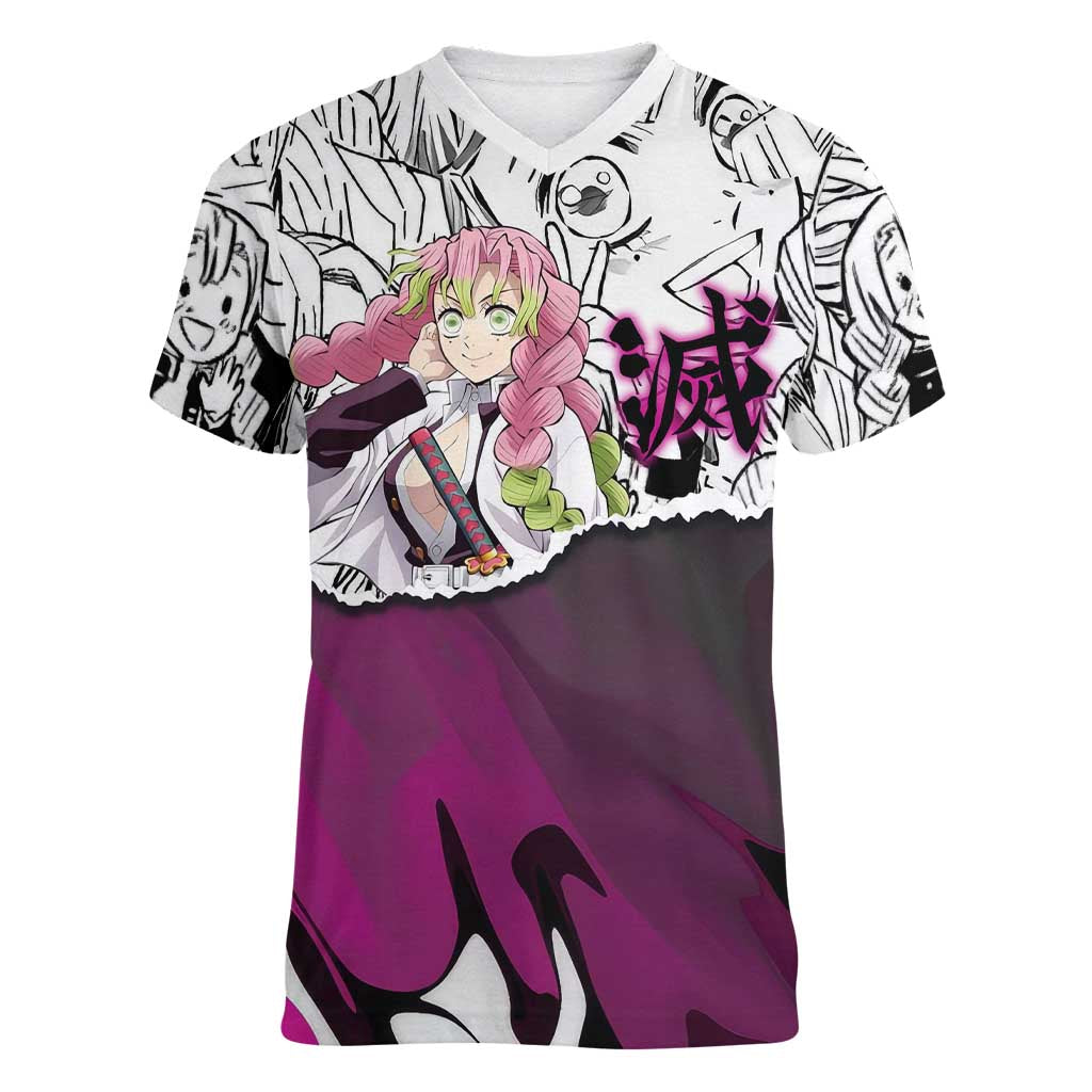 Mitsuri Kanroji Demon Slayer Manga Collage Women V-Neck T-Shirt with Pink and Purple Love Hashira Aesthetic - The Mazicc