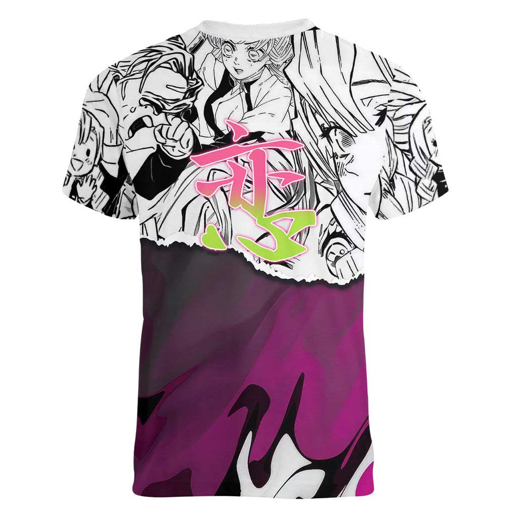 Mitsuri Kanroji Demon Slayer Manga Collage Women V-Neck T-Shirt with Pink and Purple Love Hashira Aesthetic - The Mazicc