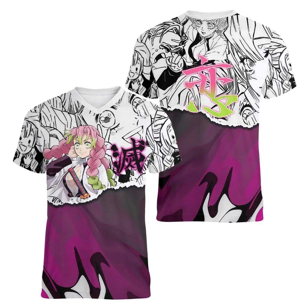 Mitsuri Kanroji Demon Slayer Manga Collage Women V-Neck T-Shirt with Pink and Purple Love Hashira Aesthetic - The Mazicc