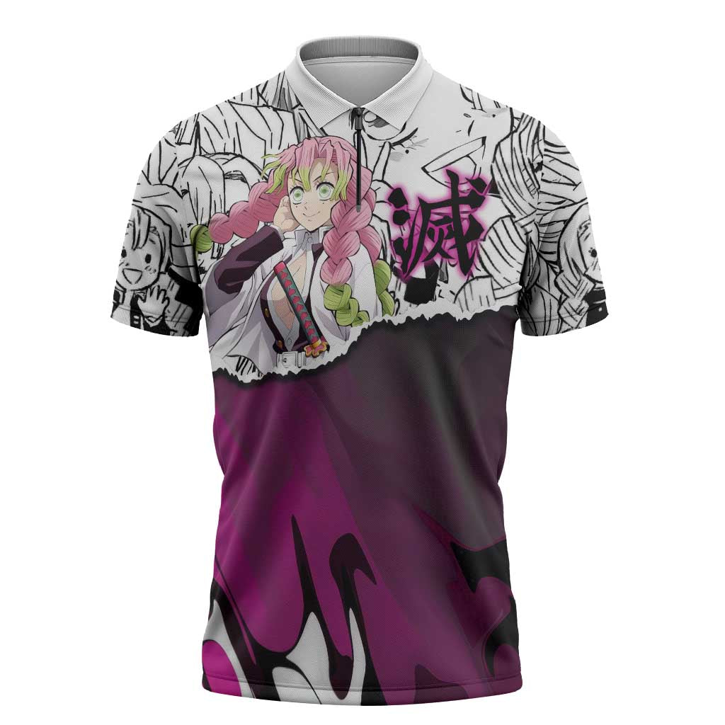 Mitsuri Kanroji Demon Slayer Manga Collage Zipper Polo Shirt with Pink and Purple Love Hashira Aesthetic - The Mazicc