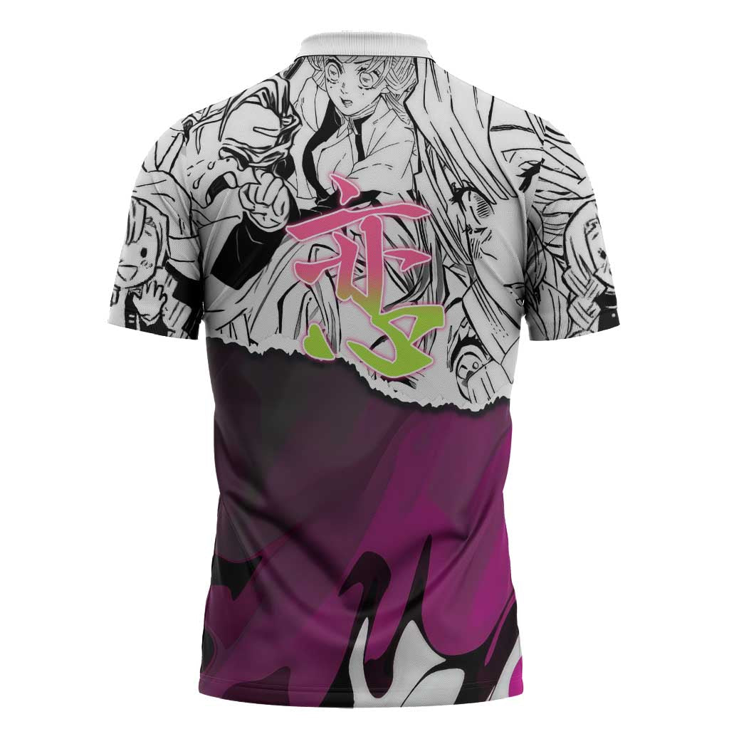 Mitsuri Kanroji Demon Slayer Manga Collage Zipper Polo Shirt with Pink and Purple Love Hashira Aesthetic - The Mazicc